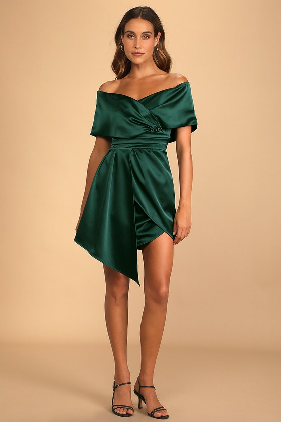 Dark Green Satin Dress - Asymmetrical ...